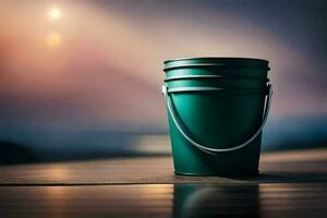 a green bucket sitting on a wooden table. AI-Generated photo