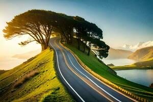 a road winding through a green hillside with trees. AI-Generated photo