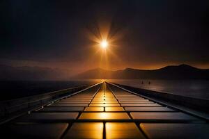 a long bridge with the sun shining over it. AI-Generated photo