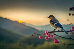 a bird sits on a branch with pink flowers in the background. AI-Generated photo