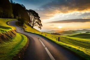 un devanado la carretera en el campo con un puesta de sol. generado por ai foto