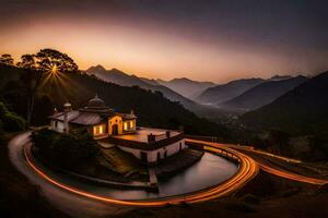 a house in the mountains at sunset. AI-Generated photo