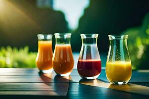 four different juices in glass bottles on a table. AI-Generated photo