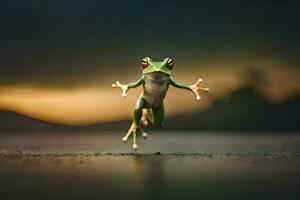 un rana saltando en el aire con sus ojos abierto. generado por ai foto