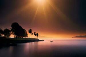 amanecer terminado el Oceano con palma arboles generado por ai foto