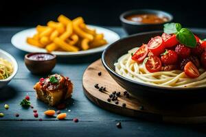 espaguetis con tomate salsa, Tomates y papas fritas en un de madera mesa. generado por ai foto