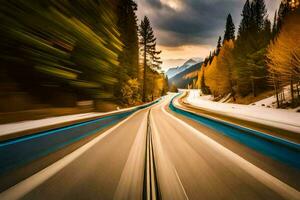 un borroso imagen de un la carretera con azul líneas. generado por ai foto