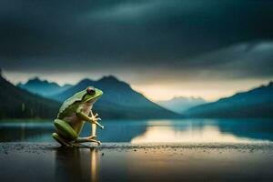 a frog sitting on the edge of a lake with mountains in the background. AI-Generated photo
