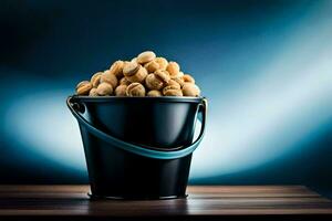 a bucket full of nuts on a table. AI-Generated photo