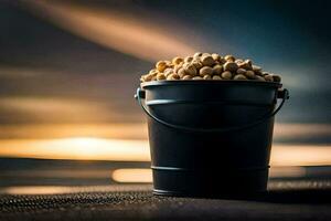 a bucket full of peanuts on a table. AI-Generated photo