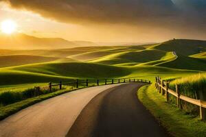 a road winding through the green hills at sunset. AI-Generated photo