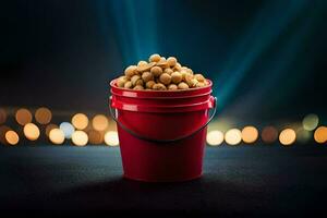 a bucket of peanuts on a table. AI-Generated photo