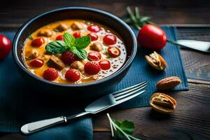 chicken curry with tomatoes and chickpeas in a bowl. AI-Generated photo