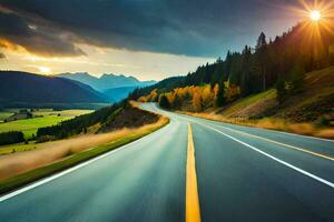 a scenic road in the mountains with the sun setting. AI-Generated photo