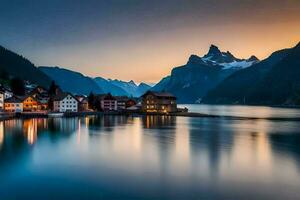 un pueblo se sienta en el apuntalar de un lago a puesta de sol. generado por ai foto