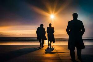 Tres hombres en trajes caminando a lo largo el playa a puesta de sol. generado por ai foto