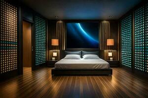 a bedroom with wooden floors and a large bed. AI-Generated photo