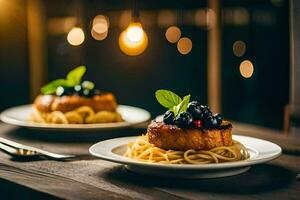 two plates with pasta and blueberries on a wooden table. AI-Generated photo