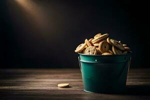 a bucket filled with cookies on a wooden table. AI-Generated photo