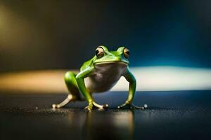 a frog is standing on a dark surface. AI-Generated photo