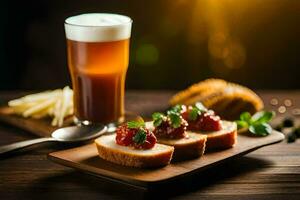 a glass of beer and some bread with tomato sauce. AI-Generated photo