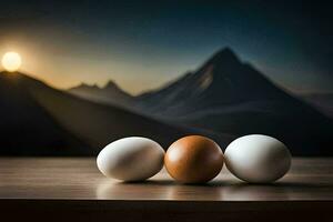 three eggs are sitting on a table with mountains in the background. AI-Generated photo