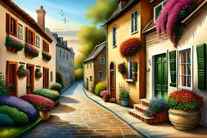 a painting of a street with flowers and plants. AI-Generated photo