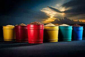 five colorful buckets with different types of grains. AI-Generated photo