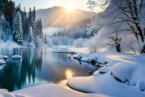 nieve cubierto arboles y un río en el invierno. generado por ai foto