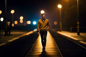 un hombre caminando en un tren pista a noche. generado por ai foto