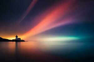 a lighthouse in the middle of the ocean with colorful lights. AI-Generated photo