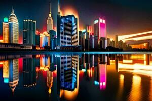 the city skyline is reflected in the water. AI-Generated photo