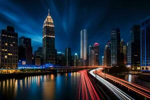 a city skyline at night with lights on the buildings. AI-Generated photo