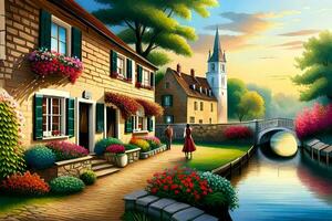 a painting of a village with flowers and a bridge. AI-Generated photo