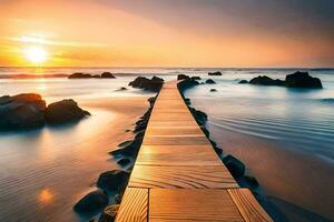 a wooden boardwalk leads to the ocean at sunset. AI-Generated photo