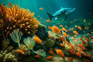 a shark swimming in the ocean with coral reefs and fish. AI-Generated photo