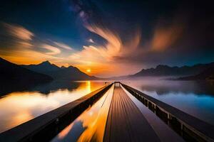 a long pier with a lake and mountains in the background. AI-Generated photo