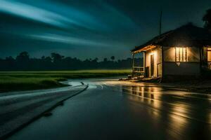 un pequeño casa en el medio de un campo a noche. generado por ai foto