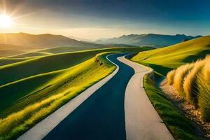 a winding road in the middle of a green field. AI-Generated photo