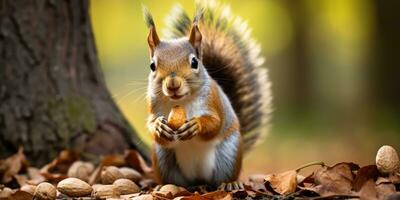 A cute squirrel sitting eating walnut kernels, AI Generative photo