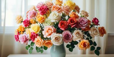 A portrait of a big arrangement of colorful roses in a vase, AI Generative photo