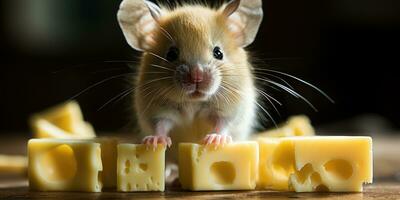 Cute mouse standing by eating delicious cheese AI Generative photo