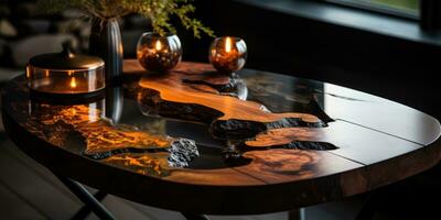 Luxury desk with epoxy resin and varnish Round tree slab with black epoxy river Wooden background hi, AI Generative photo