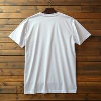 A view from back Luxurious plain white oversize t-shirt mockup with a hanger hanging on a wooden background, AI Generative photo