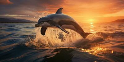 beautiful dolphin leaping jumping from shining sunset sea AI Generative photo