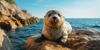 un linda sello sentado en hermosa rock cerca Oceano ai generativo foto