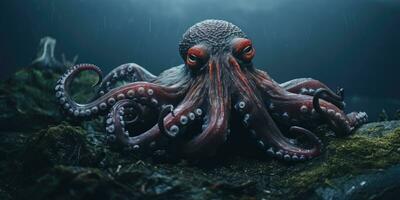 giant octopus hiding in the darkness, Generative AI photo