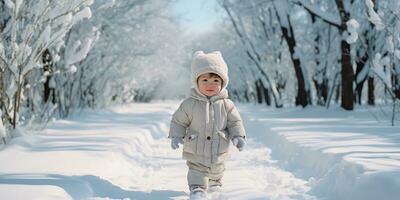 A chubby baby girl walking in the snow, AI Generative photo