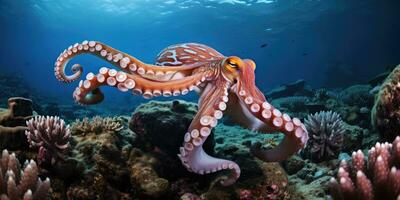 beautiful giant octopus around beautiful colorful coral AI Generative photo