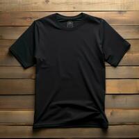 plain black t-shirt mockup with a hanger hanging on a wooden background, AI Generative photo